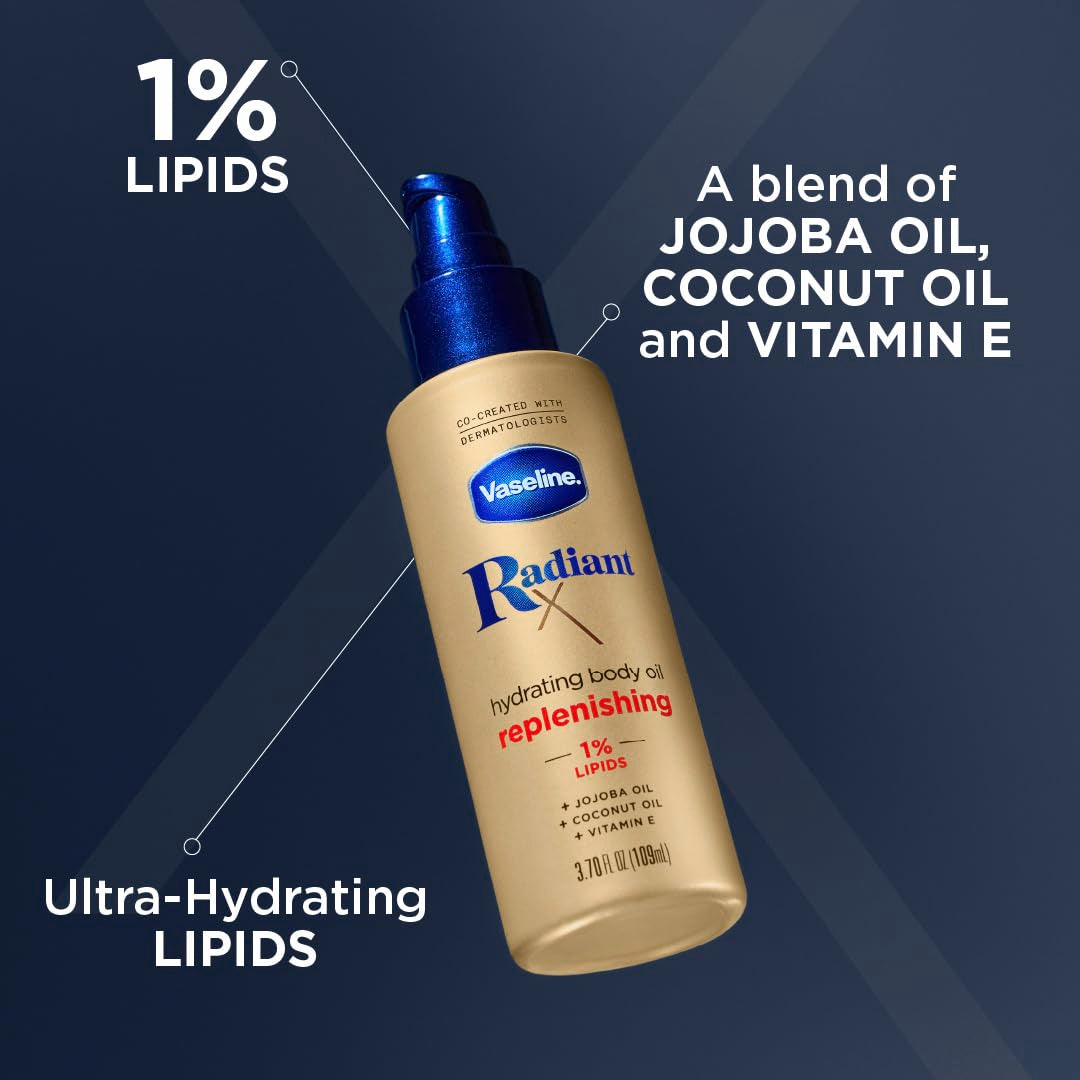 Vaseline Replenishing Hydrating Body Oil, with 1% Lipids, Jojoba Oil, Coconut Oil, & Vitamin E, 3.7 FL OZ - 24hrsmart